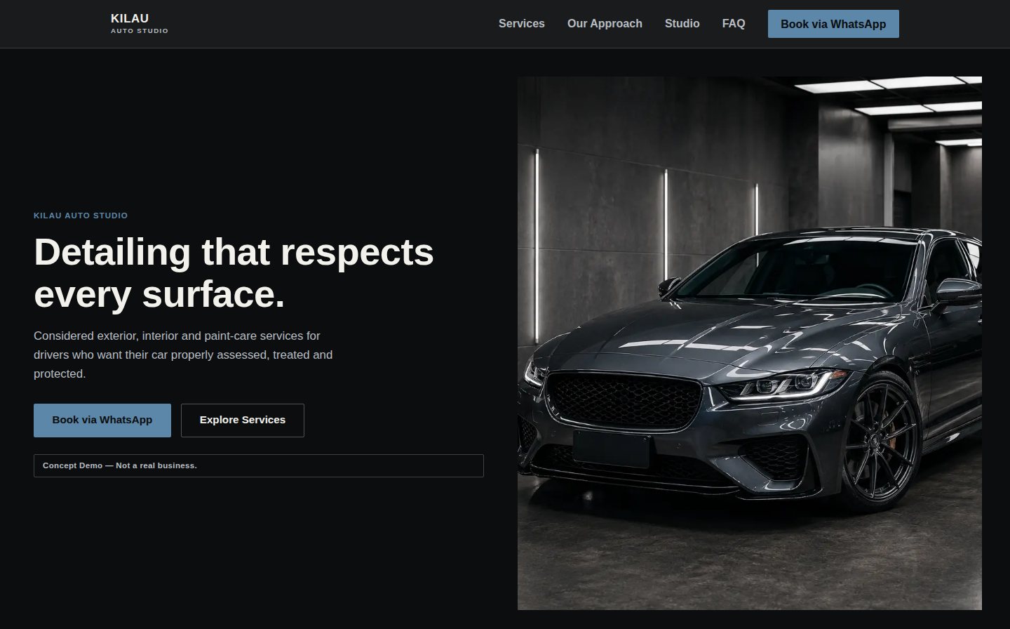 KILAU Auto Studio concept site — header and dark automotive hero